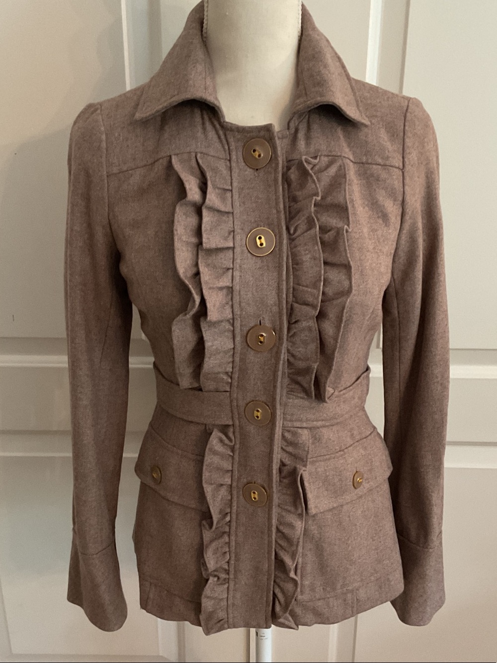 Anthro/Tabitha Taupe Ruffle-Front Blazer with Gold Buttons